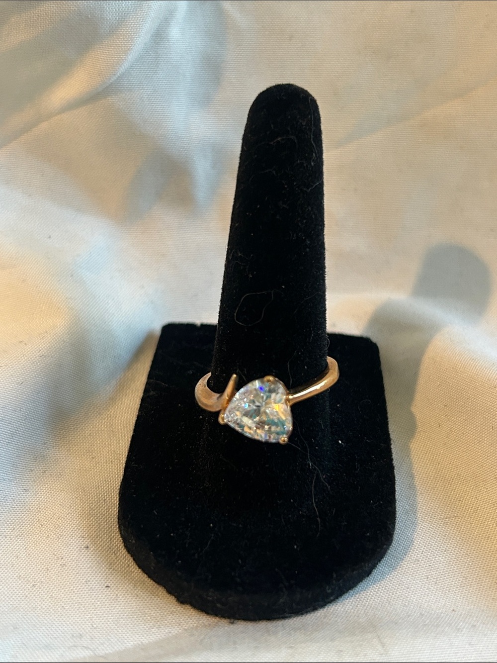 Gold Tone Heart Solitaire Ring with Clear Heart-Cut Stone